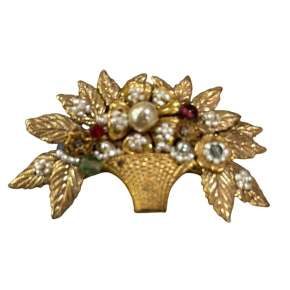 Miriam Haskell signed Vintage Brooch Gold Floral Basket Pin with Detailing - Picture 4 of 11